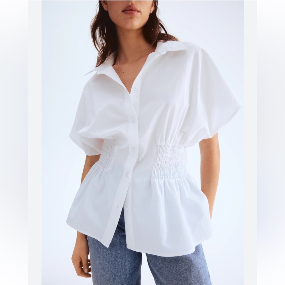 H&M White Smocked-Waist Peplum Button Shirt – Medi